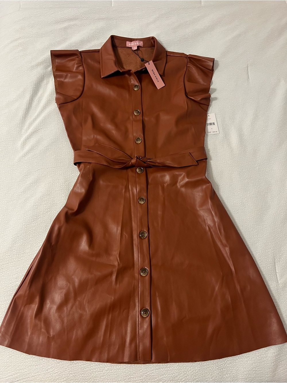 BCBG Brown Faux Leather Button-Front Mini Dress with Tie Waist